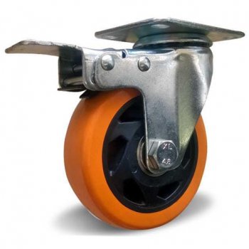 Колесо поворотное с тормозом оранжевая резина 75 мм