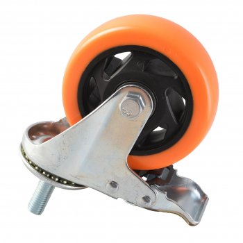 Колесо поворотное с тормозом оранжевая резина с болтом 75 мм
