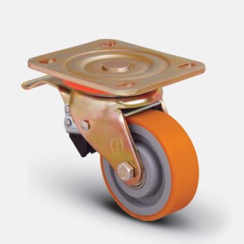 Колесо полиуретановое поворотное с тормозом, диск-чугун, 100 мм ( ED01 VBP 100 F )